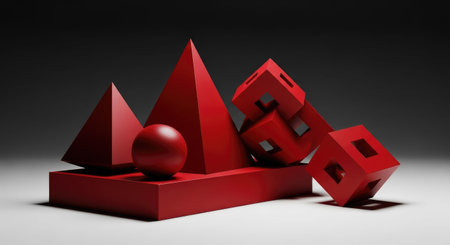 3d illustration of abstract geometric composition with red cubes and sphere.の素材