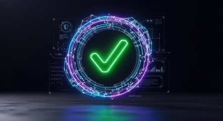 Glowing neon check mark icon over dark background. 3D renderingの素材