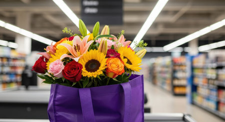 Bouquet of colorful flowers in a shopping cart in the supermarketの素材