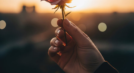 Female hand in white glove holding a rose on a background of sunsetの素材