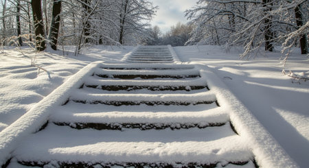 snowy stairs in the park, winter landscape, nature seriesの素材