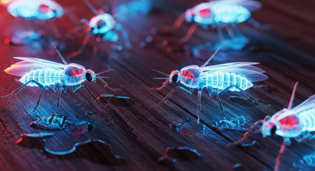 Insects on a wooden background. 3d rendering. Computer digital drawing.の素材