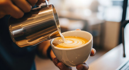 Barista making latte art coffee in coffee shop, stock photoの素材
