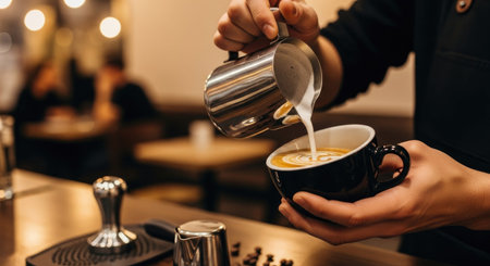 Barista pouring milk into cup of coffee in coffee shop, closeup.の素材