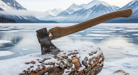 Axe on a log in front of a frozen lake with mountains in the backgroundの素材