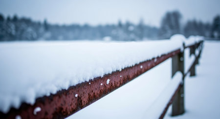 Snow covered fence on a cold winter day in the countryside. Selective focus.の素材