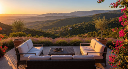 Sunset on the lavender terrace with a view of the mountainsの素材