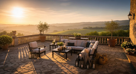 Sunset on the terrace of a villa in Tuscany, Italyの素材