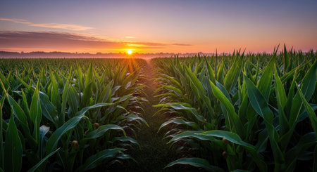 Sunset or sunrise over a corn field with young green maize plantsの素材