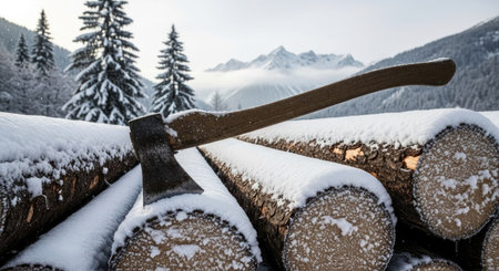 Lumberjack axe in the snow on a background of mountains.の素材