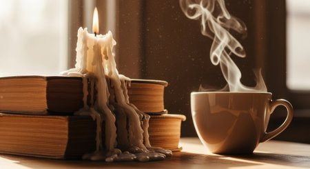 Cup of coffee with book and candle on wooden table, closeupの素材