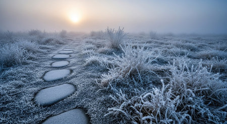 Sunrise over a frozen meadow in winter, with footprints in the snowの素材