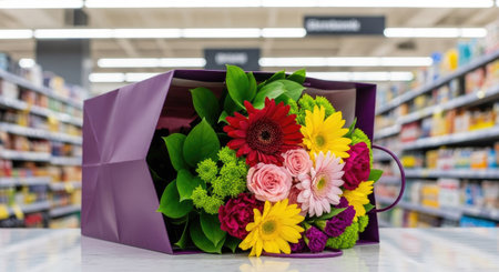Bouquet of colorful flowers in paper bag on shelf in supermarketの素材