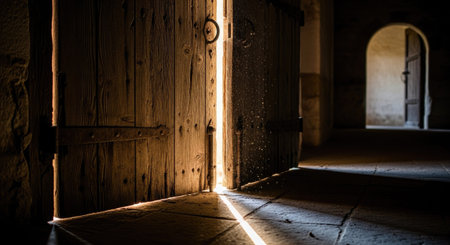 Old wooden door with light coming through it. Shallow depth of field.の素材