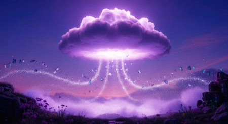 3D illustration of a cloud with a thunderstorm in the backgroundの素材