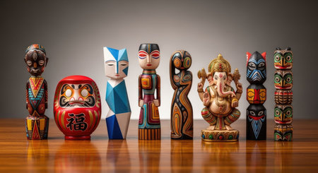 3d illustration of wooden tiki ethnic figures on a wooden tableの素材
