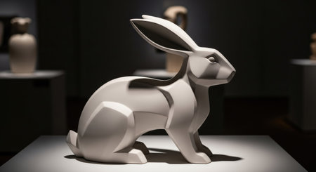 3d rendering of a white rabbit on a table in a museumの素材