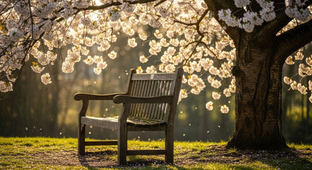 Wooden bench with cherry blossom trees in the background at sunsetの素材
