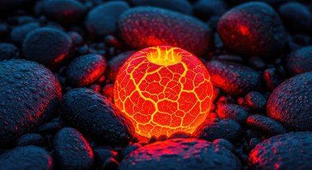 3D Illustration of a Red Fire Ball on a Stone Backgroundの素材