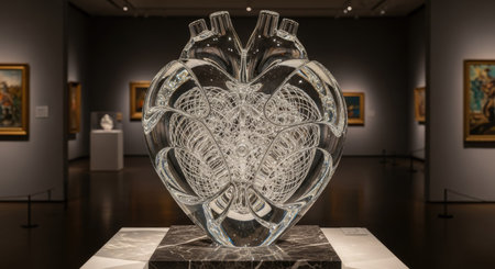 3D rendering of a heart shaped vase in an art museumの素材