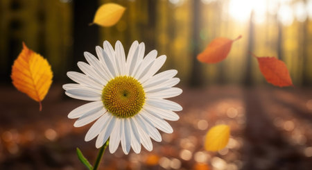 White daisy flower in the autumn forest with yellow leaves, shallow depth of fieldの素材