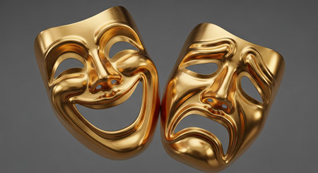 Masks with the theatre concept. 3D illustration. 3D CG. High resolution.の素材