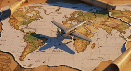 Travel concept. Airplane on the map of the world. Selective focus.の素材