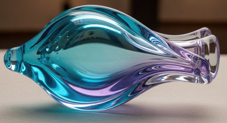 Close up of a blue glass vase on a white table.の素材