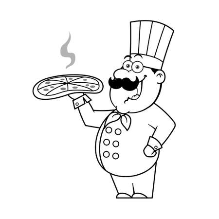 Cartoon Chef Holding Delicious Pizza Outlineのイラスト素材