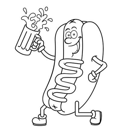 Hotdog Cartoon Character Holding Beer Outlineのイラスト素材