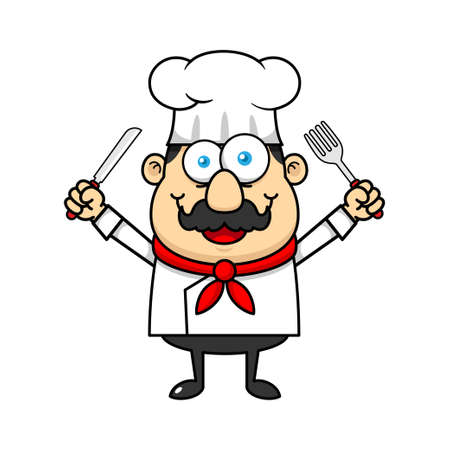 Chef Mascot Cartoon Character Holding Fork And Knifeのイラスト素材