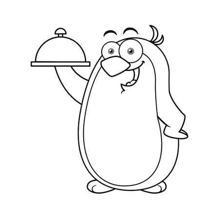 Cartoon Penguin Mascot Character Holding Plate Outlineのイラスト素材