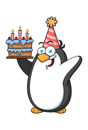 Cartoon Penguin Mascot Character Holding Birthday Cakeのイラスト素材