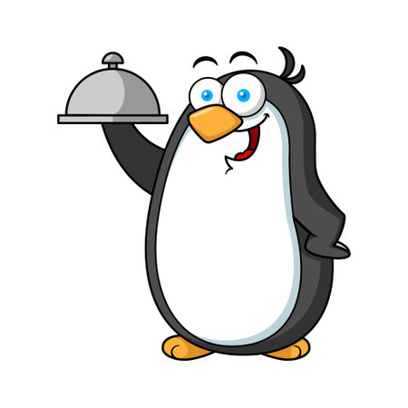 Cartoon Penguin Mascot Character Holding Plateのイラスト素材