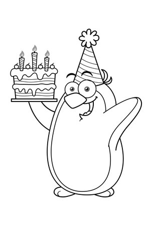 Cartoon Penguin Mascot Character Holding Birthday Cake Outlineのイラスト素材