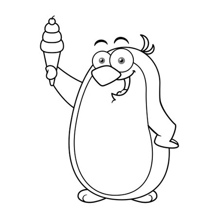 Cartoon Penguin Mascot Character Holding Ice Cream Cone Outlineのイラスト素材