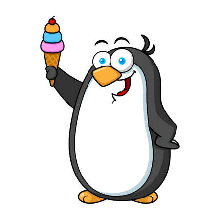 Cartoon Penguin Mascot Character Holding Ice Cream Coneのイラスト素材