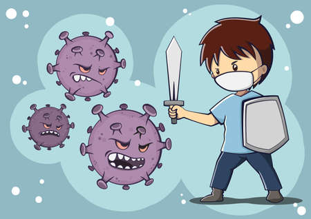 Kid Fighting Corona Virus Monsterのイラスト素材
