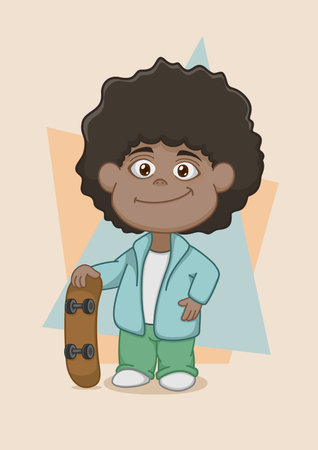 Cute African American Kid With Skateboardのイラスト素材