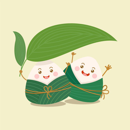 cute and kawaii chinese sticky rice dumpling zongzi characters with bamboo leaf umbrellaのイラスト素材