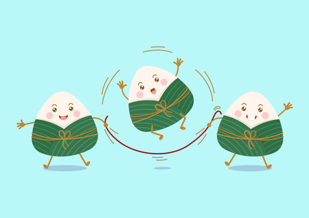 cute and kawaii chinese sticky rice dumplings zongzi cartoon characters play skipping robeのイラスト素材