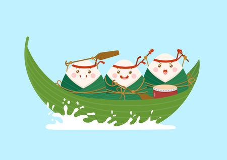 cute and kawaii chinese sticky rice dumplings zongzi cartoon characters riding bamboo leaf boatのイラスト素材