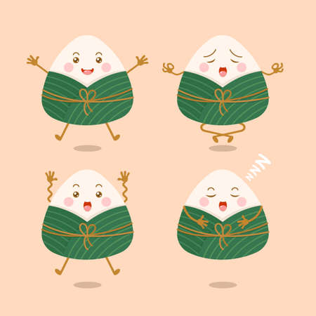 cute and kawaii chinese sticky rice dumplings zongzi cartoon characters setのイラスト素材