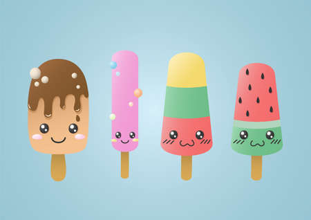cute kawaii popsicle ice cream character setのイラスト素材