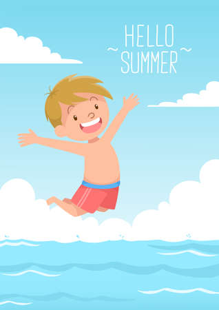 cute kid jumps to swim hello summerのイラスト素材