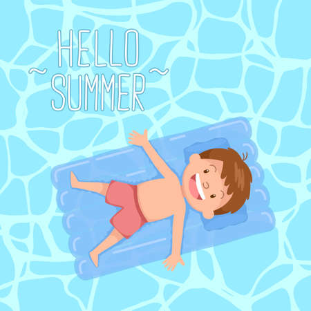 cute kid laying on floating bed hello summerのイラスト素材
