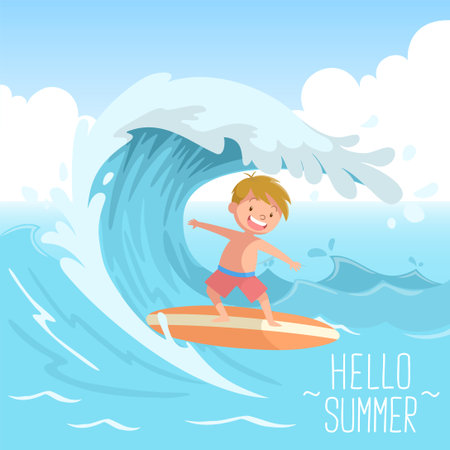 cute kid surfing on big wave hello summerのイラスト素材