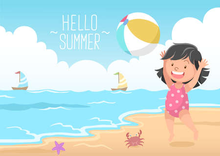 cute girl playing beach ball hello summerのイラスト素材