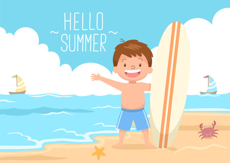 cute kid holding surf board at the beach hello summerのイラスト素材