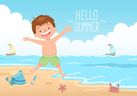 happy kid jumping hello summerのイラスト素材